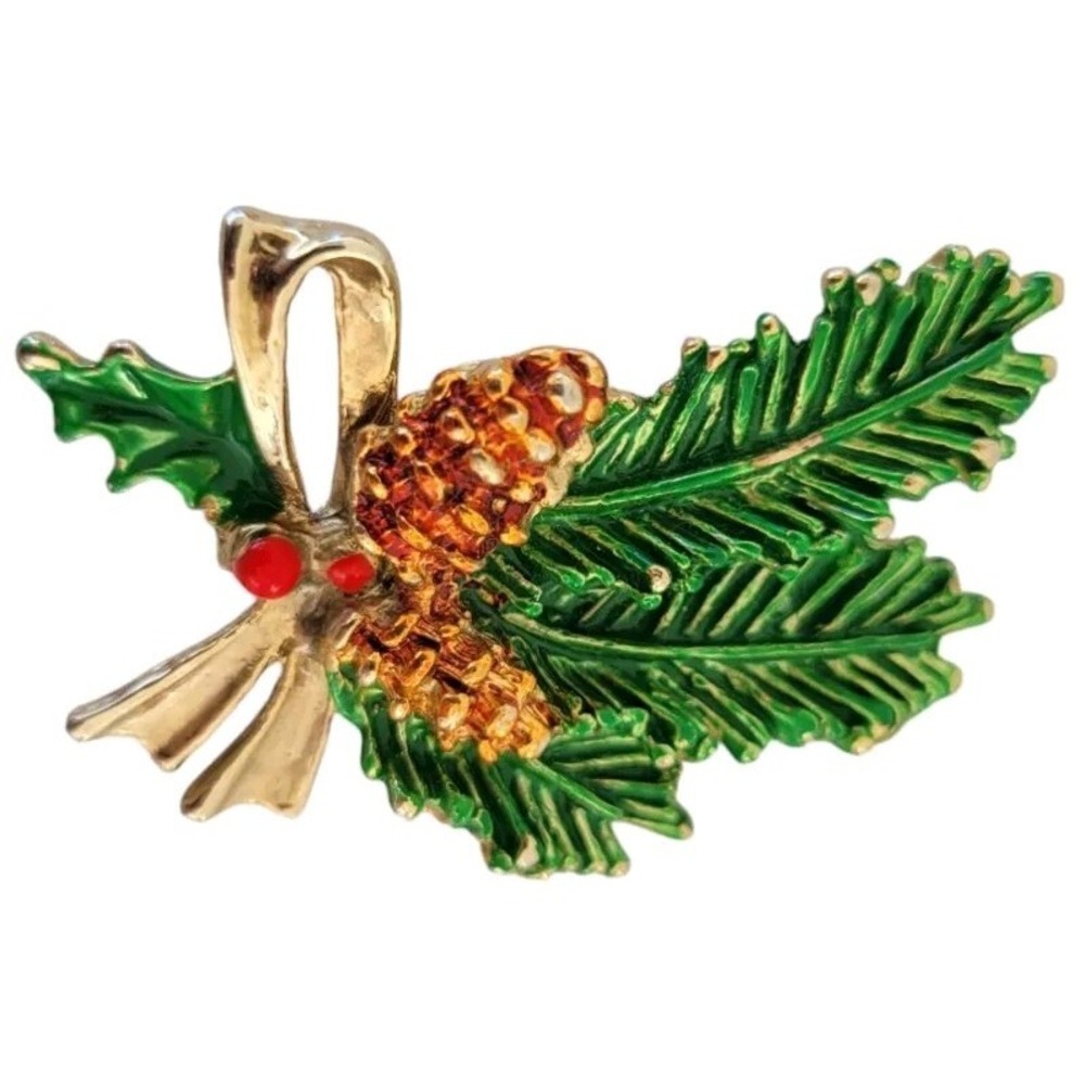 Vtg Enamel Metal Brooch Pine Cone Berry Fir Bough Gold Tone Signed Christmas Pin